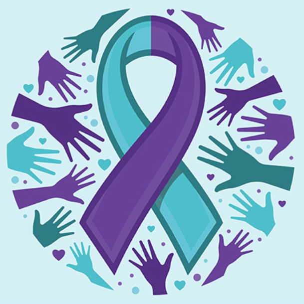 A purple and teal awareness ribbon surrounded by matching colored hands, hearts, and dots on a light blue background.